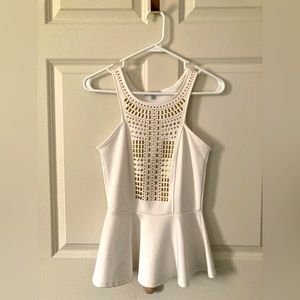 White Tank Top, Woman’s Small, Embroidery with gold and copper rhinestones.